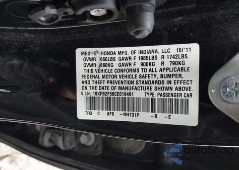 2012 Honda Civic Lx z USA, uszkodzony, nr VIN 19XFB2F58CE019491
